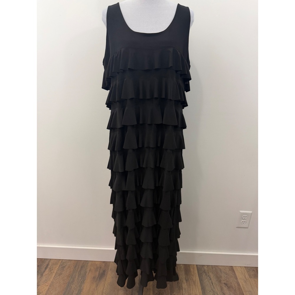 IC by Connie K Black Tiered Ruffle Maxi Dress Sleeveless V-Back Large 2852D